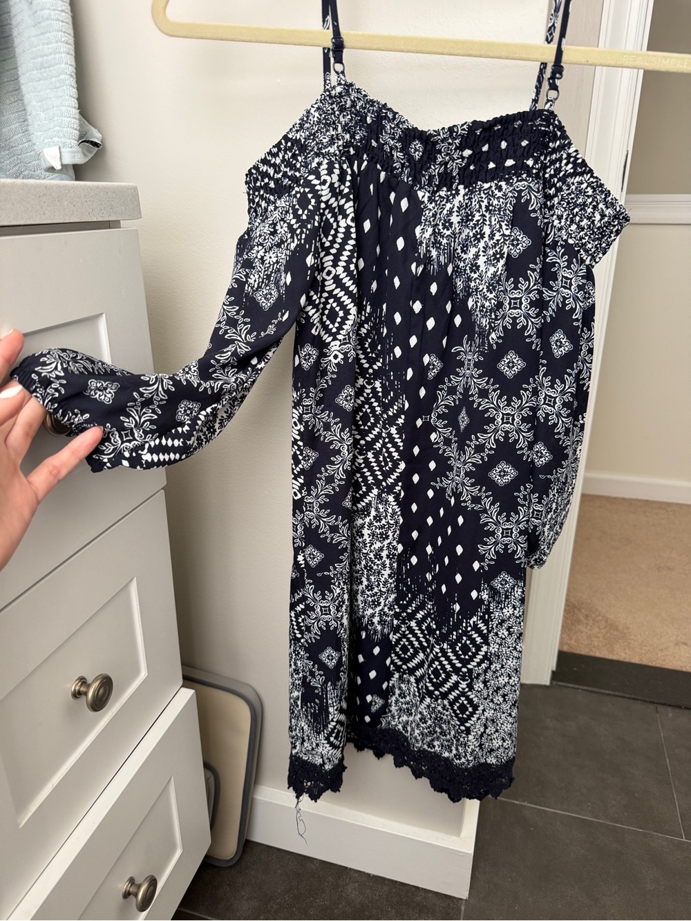 Trixxi Navy and White Smocked Off-Shoulder Dress